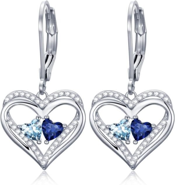 Heart Leverback Earrings Double Birthstone Dangle Earrings for Women, Love Jewelry for Her, Christmas Gifts for Women, Anniversary Birthday Gift for Mom Wife Girlfriend