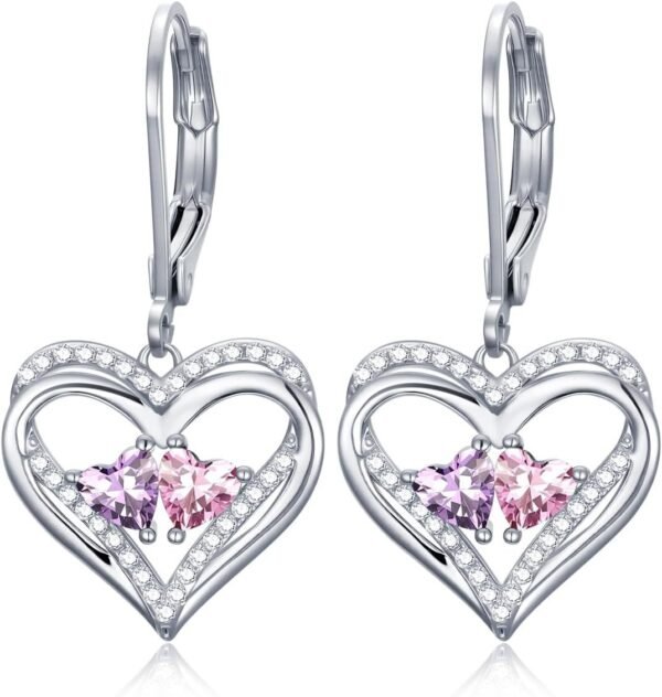 Heart Leverback Earrings Double Birthstone Dangle Earrings for Women, Love Jewelry for Her, Christmas Gifts for Women, Anniversary Birthday Gift for Mom Wife Girlfriend