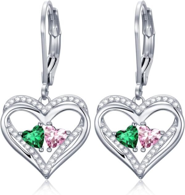 Heart Leverback Earrings Double Birthstone Dangle Earrings for Women, Love Jewelry for Her, Christmas Gifts for Women, Anniversary Birthday Gift for Mom Wife Girlfriend