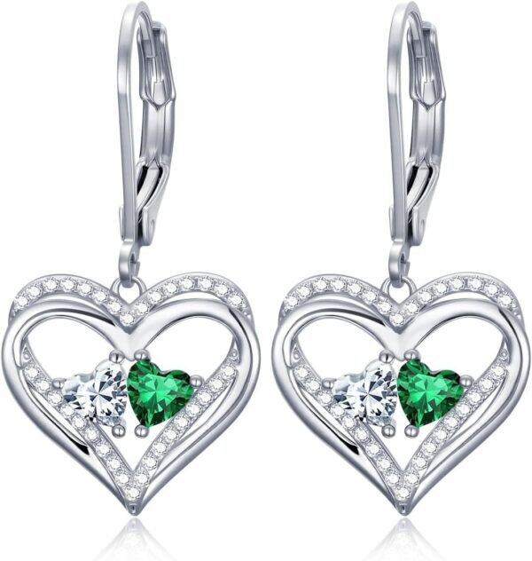 Heart Leverback Earrings Double Birthstone Dangle Earrings for Women, Love Jewelry for Her, Christmas Gifts for Women, Anniversary Birthday Gift for Mom Wife Girlfriend