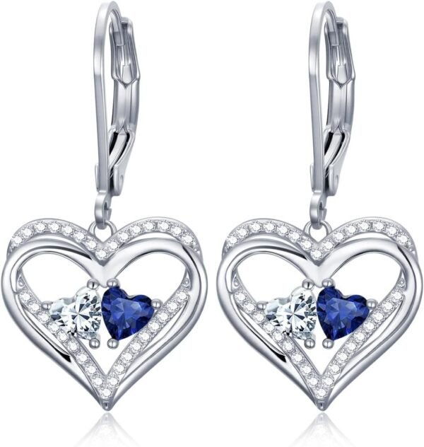 Heart Leverback Earrings Double Birthstone Dangle Earrings for Women, Love Jewelry for Her, Christmas Gifts for Women, Anniversary Birthday Gift for Mom Wife Girlfriend