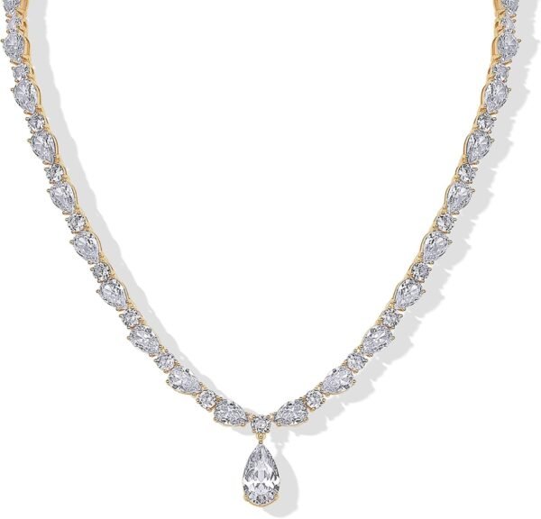 14K Gold Plated Pear Tennis Necklaces for Women - Cubic Zirconia Tennis Necklace with Drop for Brides & Bridesmaids - Cute Simulated Diamond Chain Trendy Wedding Jewelry