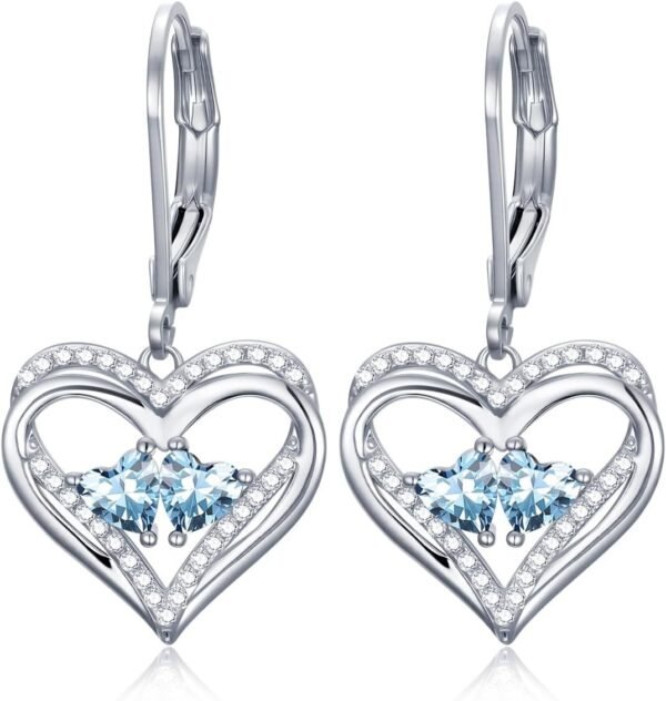 Heart Leverback Earrings Double Birthstone Dangle Earrings for Women, Love Jewelry for Her, Christmas Gifts for Women, Anniversary Birthday Gift for Mom Wife Girlfriend