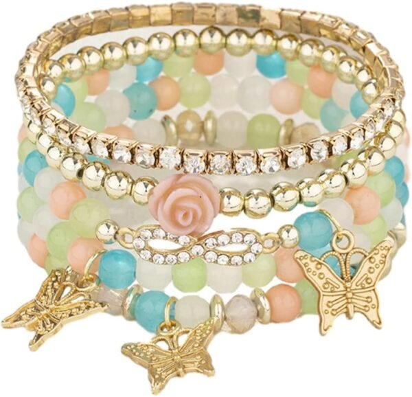 4 Pcs Cute Butterfly Charm Bracelets Set Gold Beaded Stackable Stretch Bracelets Bohemian Summer Jewelry Gifts for Women