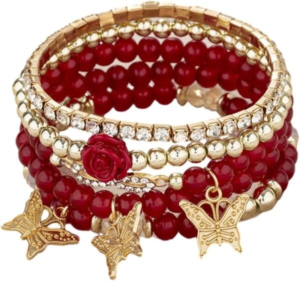 4 Pcs Cute Butterfly Charm Bracelets Set Gold Beaded Stackable Stretch Bracelets Bohemian Summer Jewelry Gifts for Women