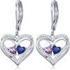 Heart Leverback Earrings Double Birthstone Dangle Earrings for Women, Love Jewelry for Her, Christmas Gifts for Women, Anniversary Birthday Gift for Mom Wife Girlfriend
