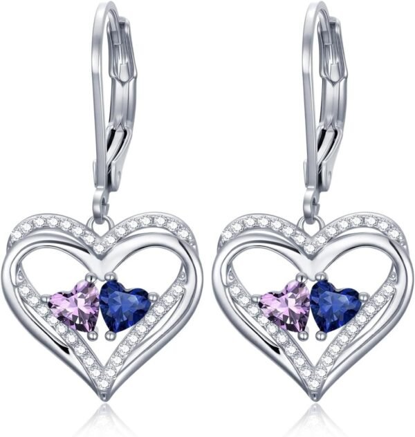 Heart Leverback Earrings Double Birthstone Dangle Earrings for Women, Love Jewelry for Her, Christmas Gifts for Women, Anniversary Birthday Gift for Mom Wife Girlfriend