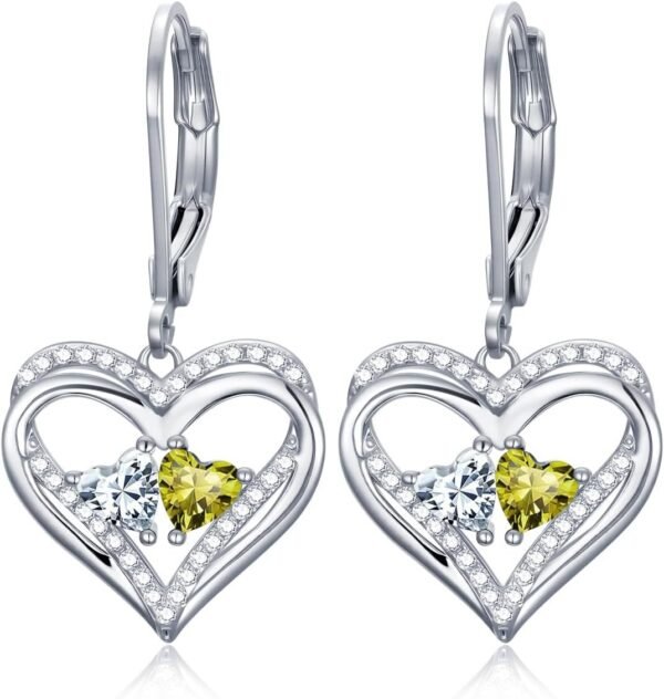 Heart Leverback Earrings Double Birthstone Dangle Earrings for Women, Love Jewelry for Her, Christmas Gifts for Women, Anniversary Birthday Gift for Mom Wife Girlfriend