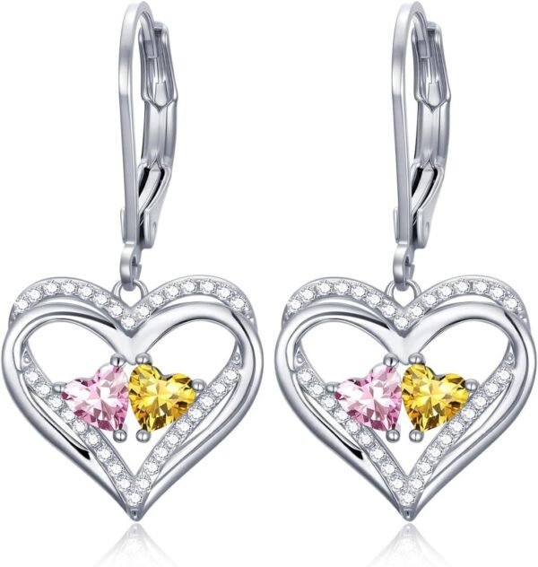Heart Leverback Earrings Double Birthstone Dangle Earrings for Women, Love Jewelry for Her, Christmas Gifts for Women, Anniversary Birthday Gift for Mom Wife Girlfriend