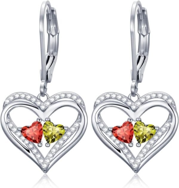 Heart Leverback Earrings Double Birthstone Dangle Earrings for Women, Love Jewelry for Her, Christmas Gifts for Women, Anniversary Birthday Gift for Mom Wife Girlfriend