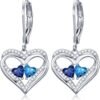 Heart Leverback Earrings Double Birthstone Dangle Earrings for Women, Love Jewelry for Her, Christmas Gifts for Women, Anniversary Birthday Gift for Mom Wife Girlfriend