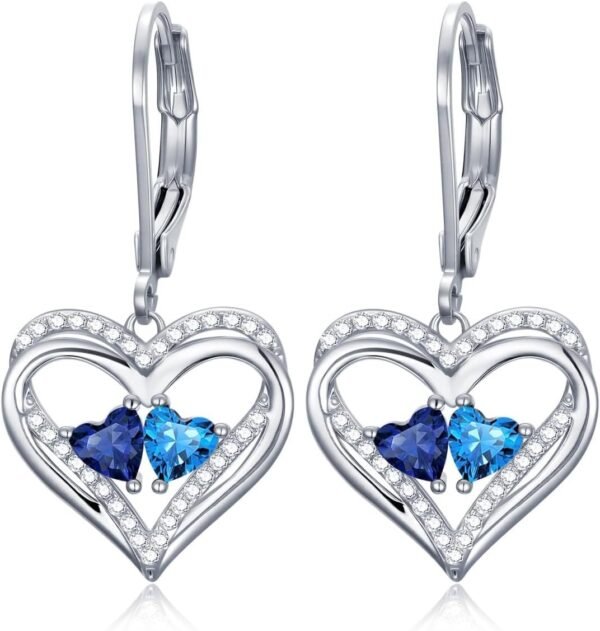 Heart Leverback Earrings Double Birthstone Dangle Earrings for Women, Love Jewelry for Her, Christmas Gifts for Women, Anniversary Birthday Gift for Mom Wife Girlfriend