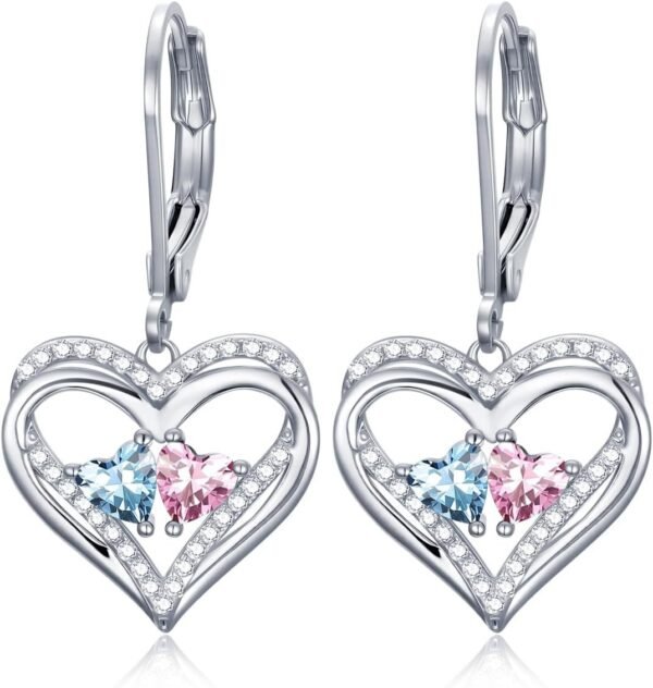 Heart Leverback Earrings Double Birthstone Dangle Earrings for Women, Love Jewelry for Her, Christmas Gifts for Women, Anniversary Birthday Gift for Mom Wife Girlfriend