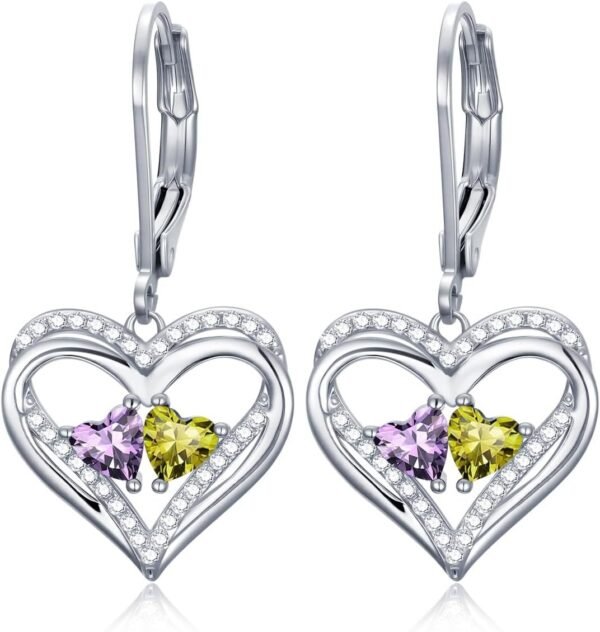Heart Leverback Earrings Double Birthstone Dangle Earrings for Women, Love Jewelry for Her, Christmas Gifts for Women, Anniversary Birthday Gift for Mom Wife Girlfriend