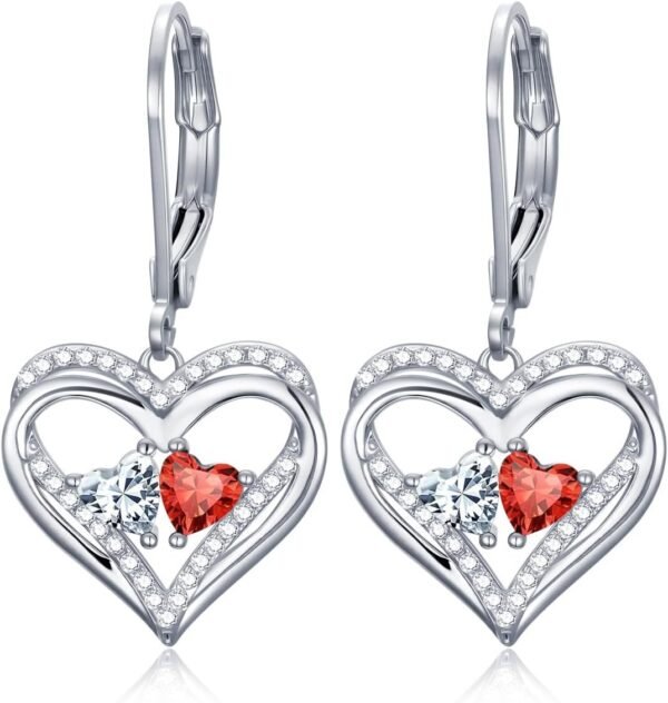 Heart Leverback Earrings Double Birthstone Dangle Earrings for Women, Love Jewelry for Her, Christmas Gifts for Women, Anniversary Birthday Gift for Mom Wife Girlfriend
