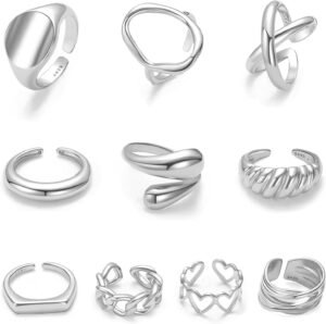 10PCS Gold Dome Chunky Rings for Women 18K Gold Plated Braided Twisted Round Signet Rings Adjustable Open Ring Band Statement Jewelry Size 7-9