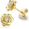 Gold Plated Sterling Silver Rose Flower Earring Studs, Hypoallergenic & Nickel Free Earrings for Women
