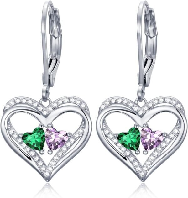 Heart Leverback Earrings Double Birthstone Dangle Earrings for Women, Love Jewelry for Her, Christmas Gifts for Women, Anniversary Birthday Gift for Mom Wife Girlfriend