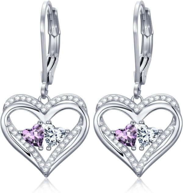 Heart Leverback Earrings Double Birthstone Dangle Earrings for Women, Love Jewelry for Her, Christmas Gifts for Women, Anniversary Birthday Gift for Mom Wife Girlfriend