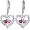 Heart Leverback Earrings Double Birthstone Dangle Earrings for Women, Love Jewelry for Her, Christmas Gifts for Women, Anniversary Birthday Gift for Mom Wife Girlfriend