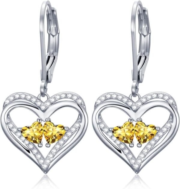 Heart Leverback Earrings Double Birthstone Dangle Earrings for Women, Love Jewelry for Her, Christmas Gifts for Women, Anniversary Birthday Gift for Mom Wife Girlfriend