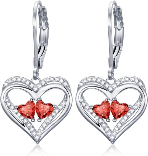 Heart Leverback Earrings Double Birthstone Dangle Earrings for Women, Love Jewelry for Her, Christmas Gifts for Women, Anniversary Birthday Gift for Mom Wife Girlfriend