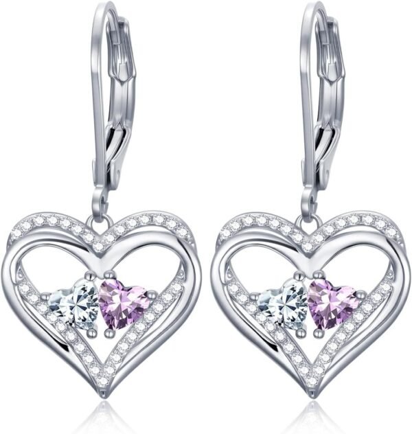 Heart Leverback Earrings Double Birthstone Dangle Earrings for Women, Love Jewelry for Her, Christmas Gifts for Women, Anniversary Birthday Gift for Mom Wife Girlfriend