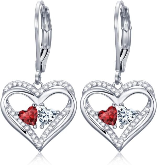 Heart Leverback Earrings Double Birthstone Dangle Earrings for Women, Love Jewelry for Her, Christmas Gifts for Women, Anniversary Birthday Gift for Mom Wife Girlfriend