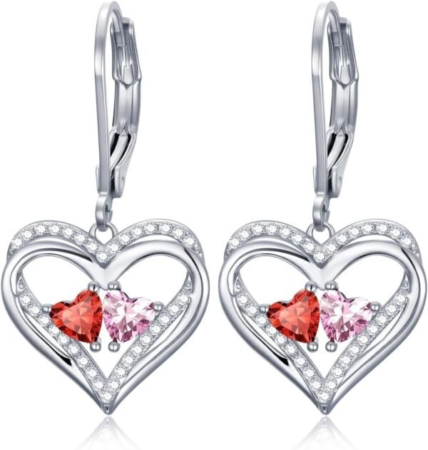 Heart Leverback Earrings Double Birthstone Dangle Earrings for Women, Love Jewelry for Her, Christmas Gifts for Women, Anniversary Birthday Gift for Mom Wife Girlfriend