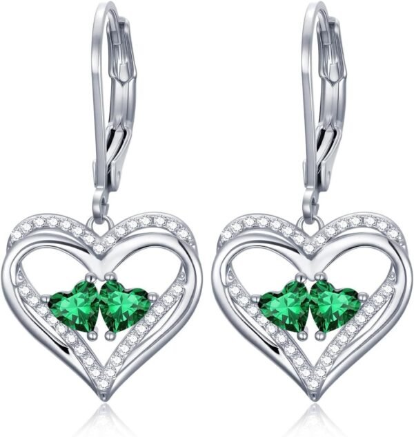 Heart Leverback Earrings Double Birthstone Dangle Earrings for Women, Love Jewelry for Her, Christmas Gifts for Women, Anniversary Birthday Gift for Mom Wife Girlfriend