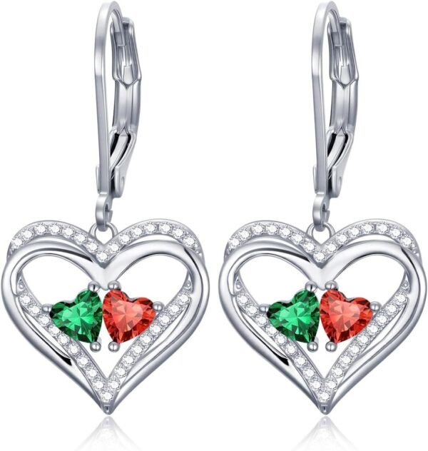 Heart Leverback Earrings Double Birthstone Dangle Earrings for Women, Love Jewelry for Her, Christmas Gifts for Women, Anniversary Birthday Gift for Mom Wife Girlfriend