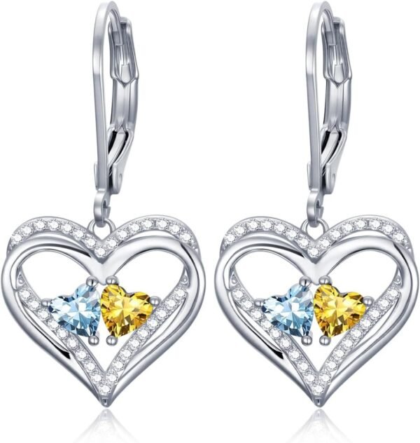 Heart Leverback Earrings Double Birthstone Dangle Earrings for Women, Love Jewelry for Her, Christmas Gifts for Women, Anniversary Birthday Gift for Mom Wife Girlfriend