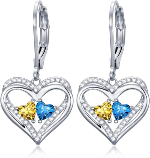 Heart Leverback Earrings Double Birthstone Dangle Earrings for Women, Love Jewelry for Her, Christmas Gifts for Women, Anniversary Birthday Gift for Mom Wife Girlfriend