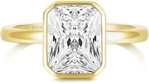925 Sterling Silver Engagement Rings for Women Radiant Cut Cubic Zirconia Wedding Bands 14K Gold Plated Bezel Promise Rings for Her Size 4-10