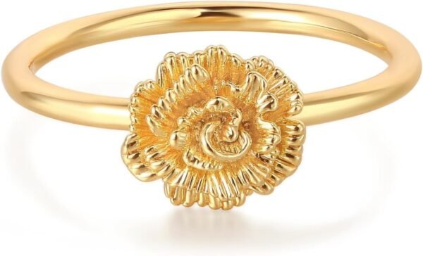 Birth Flower Ring for Women 14K Gold Plated Floral Minimalist Stackable Finger Jewelry Birthday Gifts
