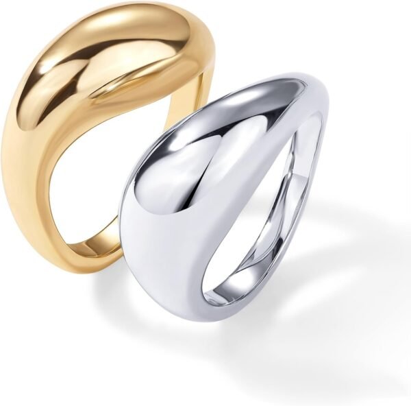 14K Gold Plated Mixed Metal Chunky Two Tone Wavy Dome Rings Pack for Women | Statement Ring Set