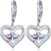 Heart Leverback Earrings Double Birthstone Dangle Earrings for Women, Love Jewelry for Her, Christmas Gifts for Women, Anniversary Birthday Gift for Mom Wife Girlfriend