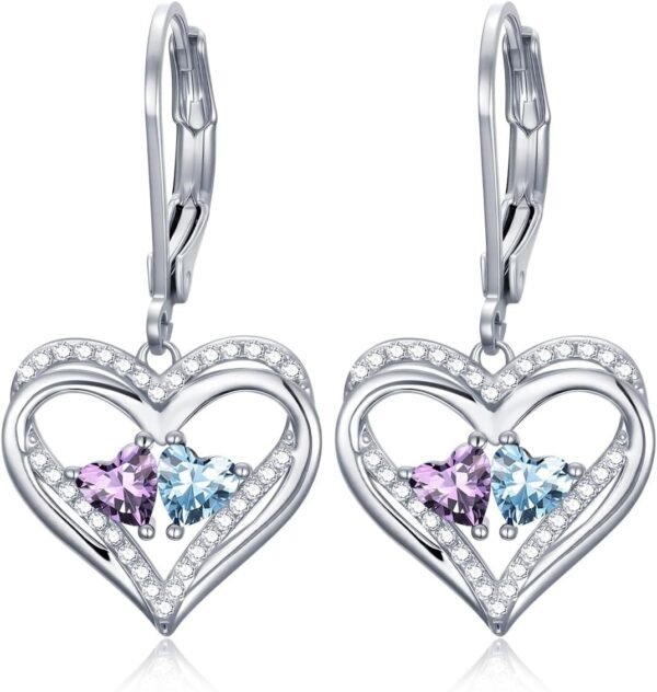 Heart Leverback Earrings Double Birthstone Dangle Earrings for Women, Love Jewelry for Her, Christmas Gifts for Women, Anniversary Birthday Gift for Mom Wife Girlfriend