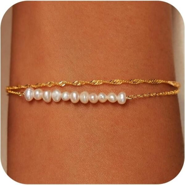 61xPJyupbkL._AC_SL1500.jpg Gold Pearl Bracelets for Women Trendy, 14K Real Gold Plated Dainty Stackable Snake Chain CZ Heart Pendant Bracelets, Layered Waterproof Jewelry Gift for Women Adjustable 6"+2"