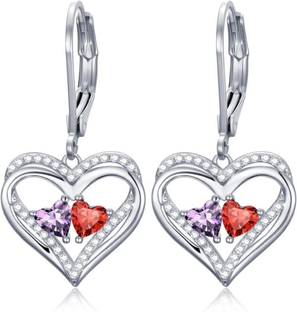 Heart Leverback Earrings Double Birthstone Dangle Earrings for Women, Love Jewelry for Her, Christmas Gifts for Women, Anniversary Birthday Gift for Mom Wife Girlfriend