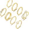 8PCS 14K Gold/Silver Rings Set for Women Non Tarnish Dainty CZ Simulated Diamond Ring Eternity Wedding Band Gold Stackable Thumb Rings Size 4-12