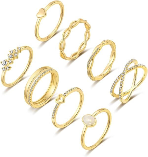 8PCS 14K Gold/Silver Rings Set for Women Non Tarnish Dainty CZ Simulated Diamond Ring Eternity Wedding Band Gold Stackable Thumb Rings Size 4-12