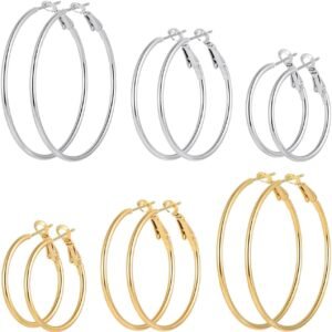 6/8 Pairs Gold Silver Plated Hoop Earrings for Women, Hypoallergenic Stainless Steel Gold Hoops Silver Hoop Earrings Set, Lightweight Large Small Hoops Women Earrings Loop Earrings Set