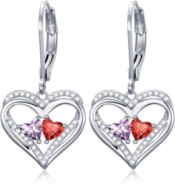 Heart Leverback Earrings Double Birthstone Dangle Earrings for Women, Love Jewelry for Her, Christmas Gifts for Women, Anniversary Birthday Gift for Mom Wife Girlfriend
