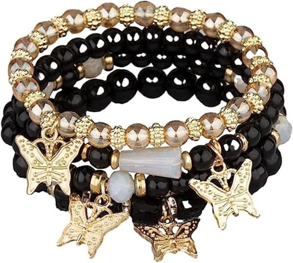 4 Pcs Cute Butterfly Charm Bracelets Set Gold Beaded Stackable Stretch Bracelets Bohemian Summer Jewelry Gifts for Women