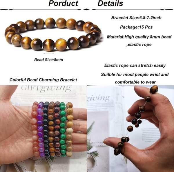 15 PCS 8mm Gorgeous Semi-Precious Gemstones Bracelets Round Beaded Bracelets for Women Men Stone Crystal Stretch Beads Bracelet Unisex