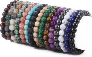15 PCS 8mm Gorgeous Semi-Precious Gemstones Bracelets Round Beaded Bracelets for Women Men Stone Crystal Stretch Beads Bracelet Unisex