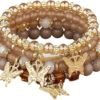 4 Pcs Cute Butterfly Charm Bracelets Set Gold Beaded Stackable Stretch Bracelets Bohemian Summer Jewelry Gifts for Women