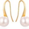 925 Sterling Silver Hoop Handpicked AAA+ Quality 7.5-8mm White Freshwater Cultured Pearl Dangle Drop Earrings Jewelry for Women