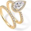 14K Gold Plated 1.7CT Pear Cubic Zirconia Eternity Engagement Ring Promise Ring Set for Women - Hidden Halo